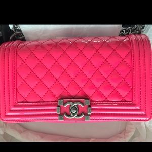 CHANEL Patent Leather Medium Boy Bag Flap Pink